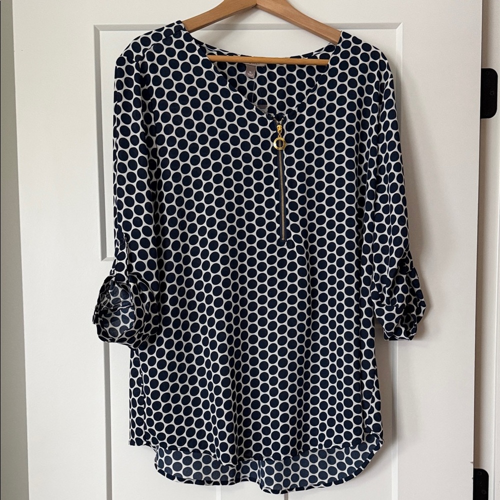 Roz & Ali Navy and White Polka Dot Blouse NWT